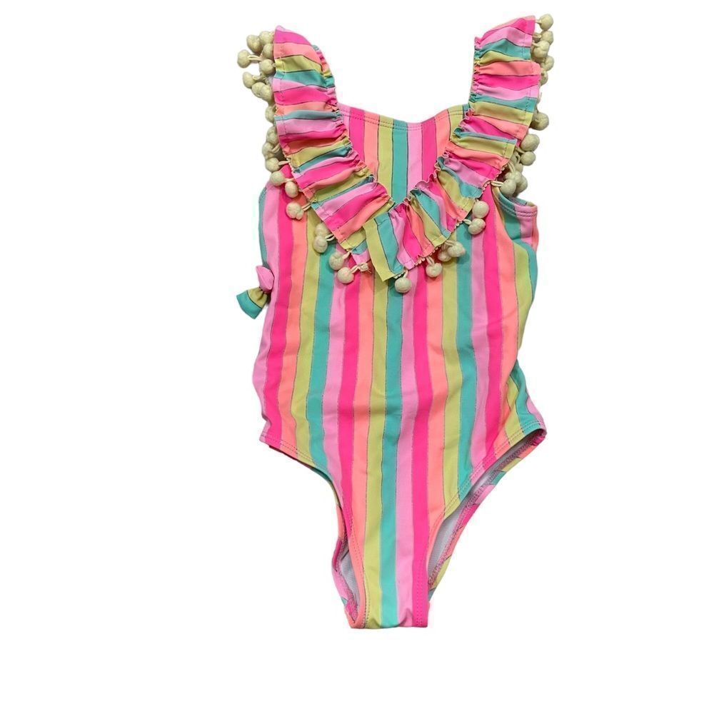 Girls Nicole‎ Miller Striped Pom Pom Detail One Piece Bathing Suit Size 6